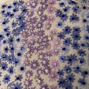 Echo silk pink polka dots, blue & lavender daisies on white scarf
